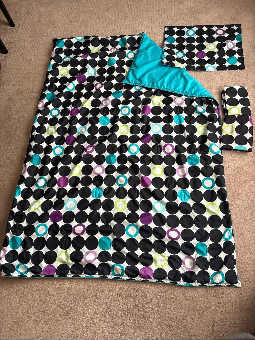 Polka Dot Reversible Comforter Set in Black, Teal, Purple & Lime.